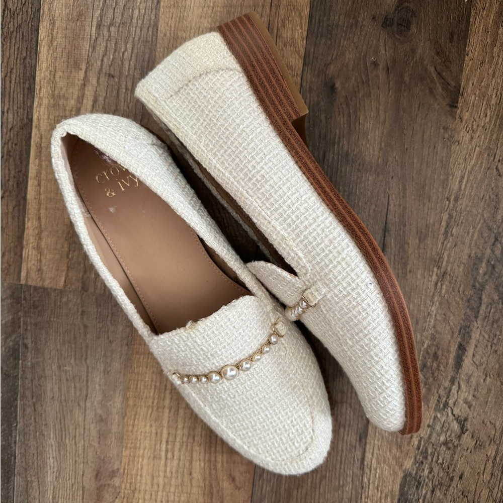 Crown & Ivy Cream Loafers with Pearl Accent